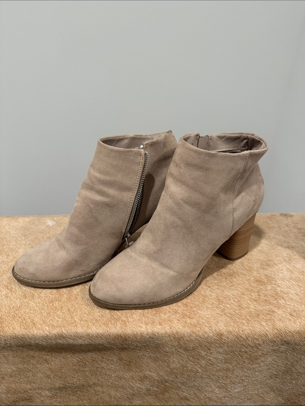 DV by Dolce Vita Taupe Suede Ankle Booties with Stacked Heel
